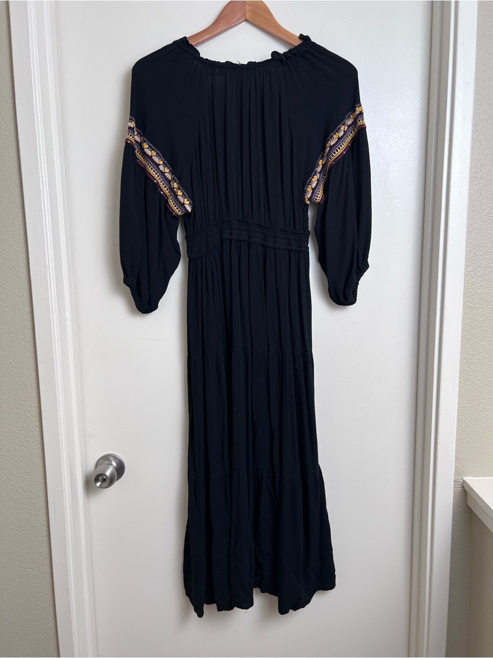 Angie Black Embroidered Boho Peasant Maxi Dress Tassel Tie Rayon Medium - Picture 8 of 8